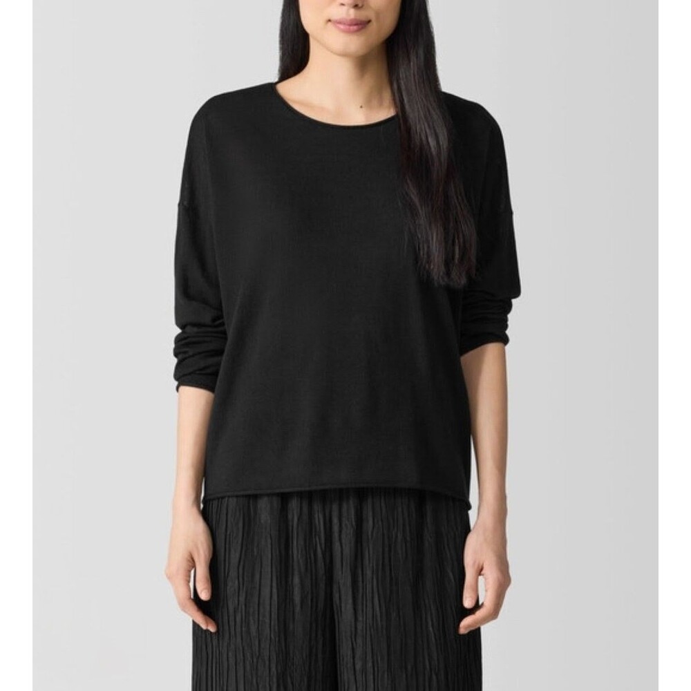 Eileen Fisher Merino Wool Sweater Box Top Womens Size XL Black Fall Winter Soft